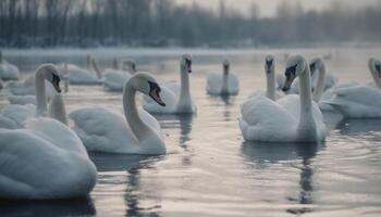 Mute swan glides on tranquil winter pond photo