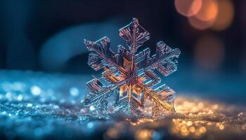Shiny snowflake decoration on frosty winter night photo