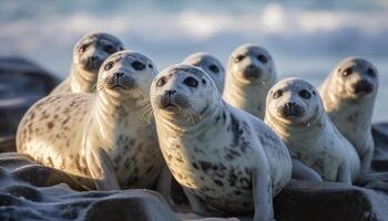 Arctic seal colony resting on snowy coastline photo
