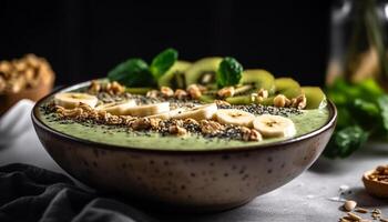 Fresh fruit and granola in rustic bowl generative AI photo