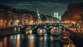 Illuminated city skyline reflects on the water generated by AI photo