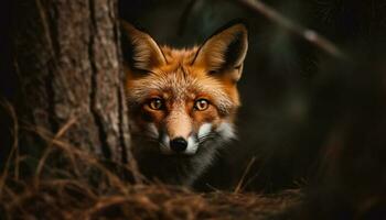 Fluffy red fox staring, alert in nature generated by AI photo