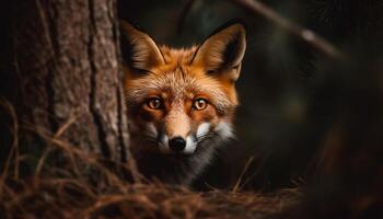 Fluffy red fox staring, alert in nature generated by AI photo