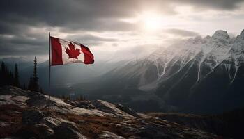 Majestic mountain range, tranquil scene, Canadian flag photo