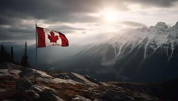 majestuoso montaña rango, tranquilo escena, canadiense bandera generativo ai foto