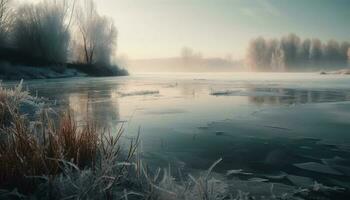 Tranquil winter landscape, frozen beauty in nature generative AI photo