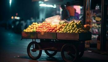 Market vendor selling fresh organic fruits and vegetables generated by AI photo