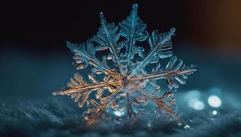 Shiny snowflake glows in cold winter night photo