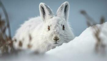 Fluffy hare sits in snow, looking cute generative AI photo