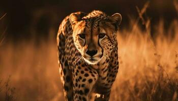 majestuoso leopardo curioso a cámara en desierto generado por ai foto