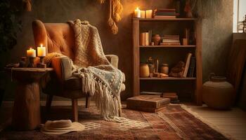 Cozy living room with rustic candlelight decor generative AI photo