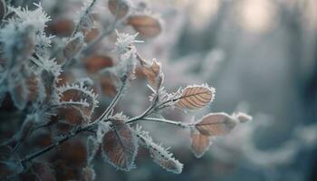 Frosty branch in winter forest, close up macro generative AI photo