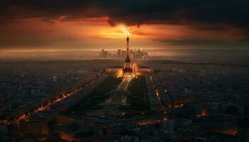 Illuminated city skyline, smokestacks pollute the dusk generated by AI photo