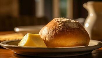 recién horneado un pan y mantequilla para almuerzo generativo ai foto