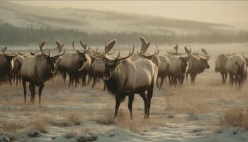 Herd of horned deer grazing in snowy meadow generative AI photo