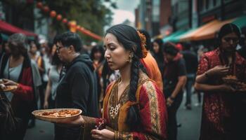Smiling young adults enjoying traditional festival food photo