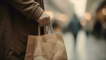 Retail customer carrying shopping bag in city mall generative AI photo