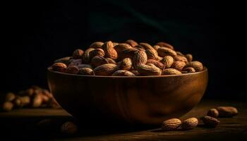 Nutty snack bowl almonds, hazelnuts, walnuts, pecans generative AI photo