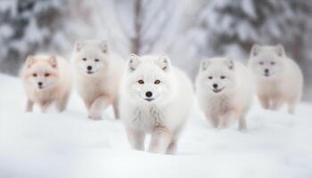 mullido Samoyedo perrito jugando en el nieve generativo ai foto