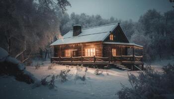 escarchado invierno noche, nevando en abandonado choza generativo ai foto