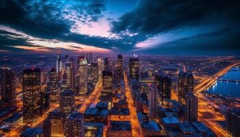 Illuminated city skyline glows in the twilight photo