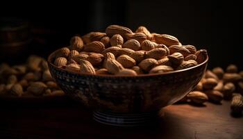 Healthy eating Nutty snacks in wooden bowl generative AI photo