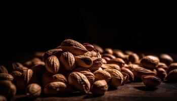 sano nueces en un montón en arpillera generativo ai foto