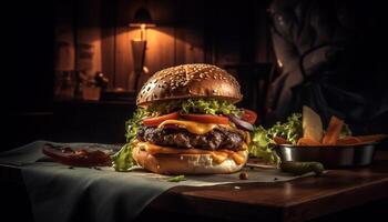 A la parrilla hamburguesa con queso en rústico bollo con papas fritas generativo ai foto