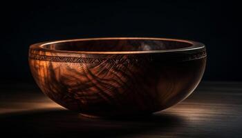 Rustic earthenware bowl on old wooden table generative AI photo