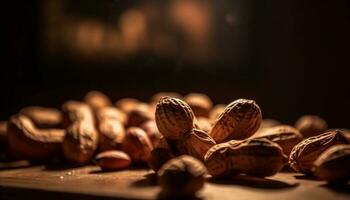 Healthy nuts in a nutshell on wood table generative AI photo