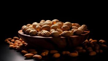 Organic nut snack in wooden bowl, freshness guaranteed generative AI photo