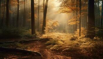 Sunlight filters through fog, revealing autumn mystery generated by AI photo