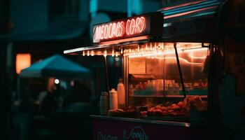 Gourmet barbecue snack sold at illuminated kiosk generated by AI photo