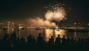 Fireworks illuminate city skyline, celebrating Fourth of July generated by AI photo