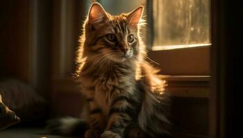 Cute kitten sitting by window, staring outdoors generated by AI photo