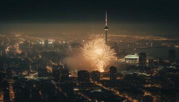 Illuminated city skyline explodes with vibrant fireworks generated by AI photo