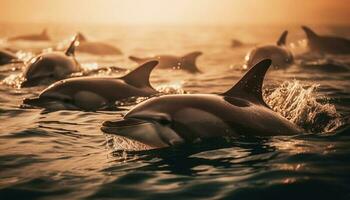 Playful bottle nosed dolphins splashing in blue water generated by AI photo