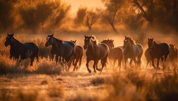 Running stallion in tranquil meadow at sunset generated by AI photo