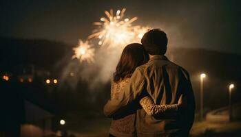 Love and celebration ignite as couples bond outdoors generated by AI photo