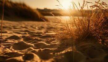 Golden sun sets over tranquil blue waters generated by AI photo