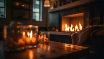 Glowing candle illuminates cozy winter home interior generated by AI photo