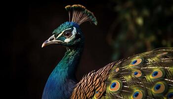 Peacock vibrant feathers showcase nature elegance and beauty generated by AI photo