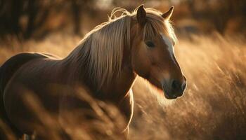 Stallion Mane Grazing in Tranquil Meadow Sunset generated by AI photo