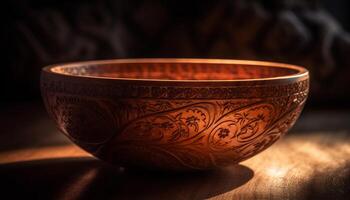 Earthenware bowl with ornate copper handle design generative AI photo