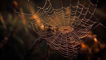 escalofriante araña web capturas Rocío en otoño generado por ai foto