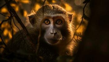 joven mono sentado en rama, curioso adelante generado por ai foto