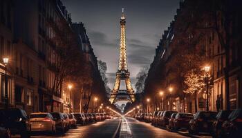 Illuminated city skyline at dusk, a blur generated by AI photo