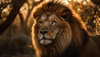 Majestic lion with a thick golden mane generated by AI photo