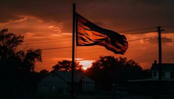 Silhouette of flag flying against vibrant sunset sky generated by AI photo