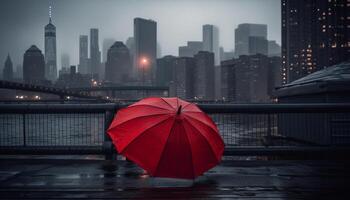 Lonely businessman walks in rain under skyscraper generated by AI photo